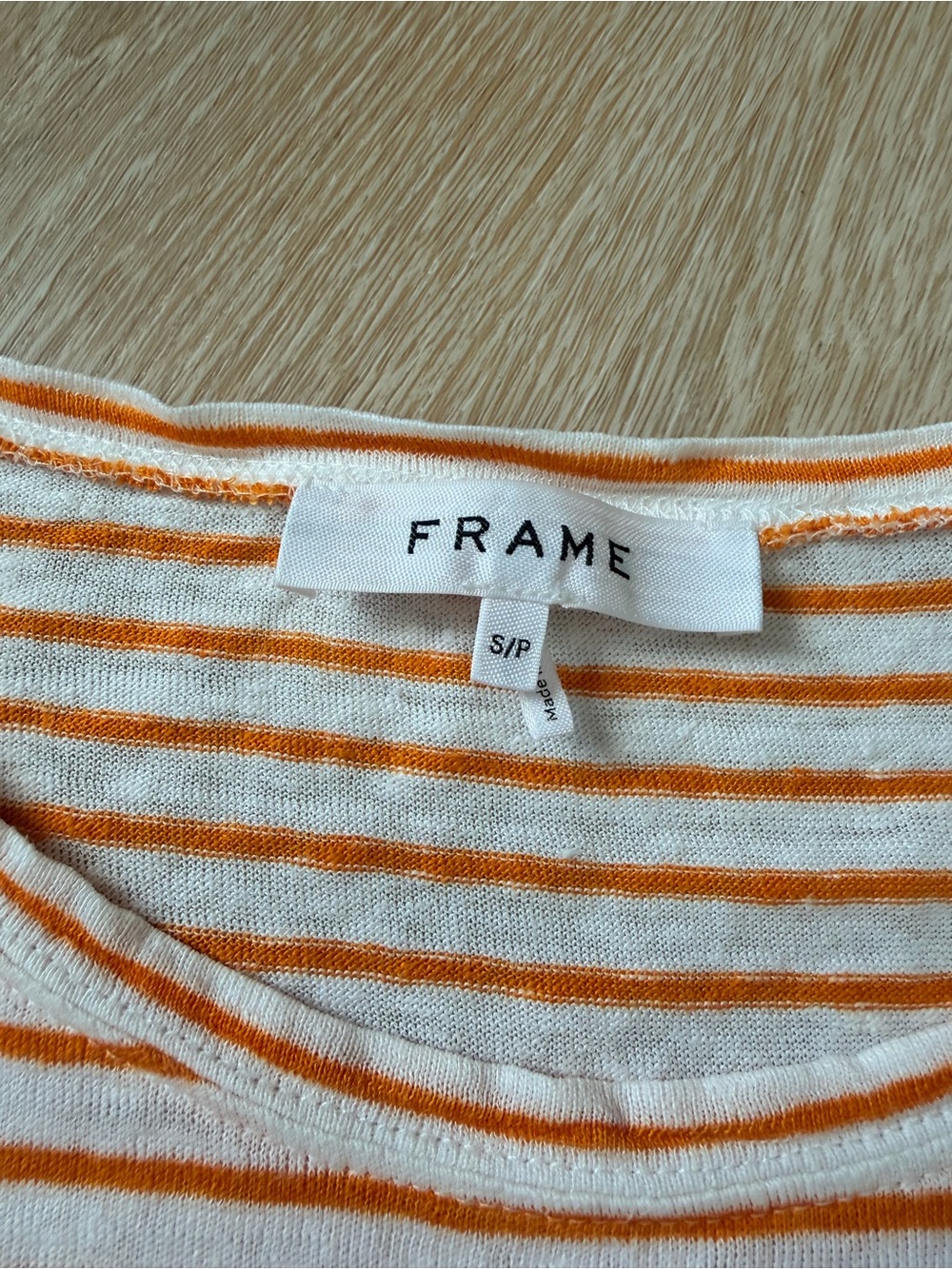 $248 FRAME Easy True Stripe 100% Organic Linen T-Shirt Tee Nectarine Multi S - Picture 6 of 9